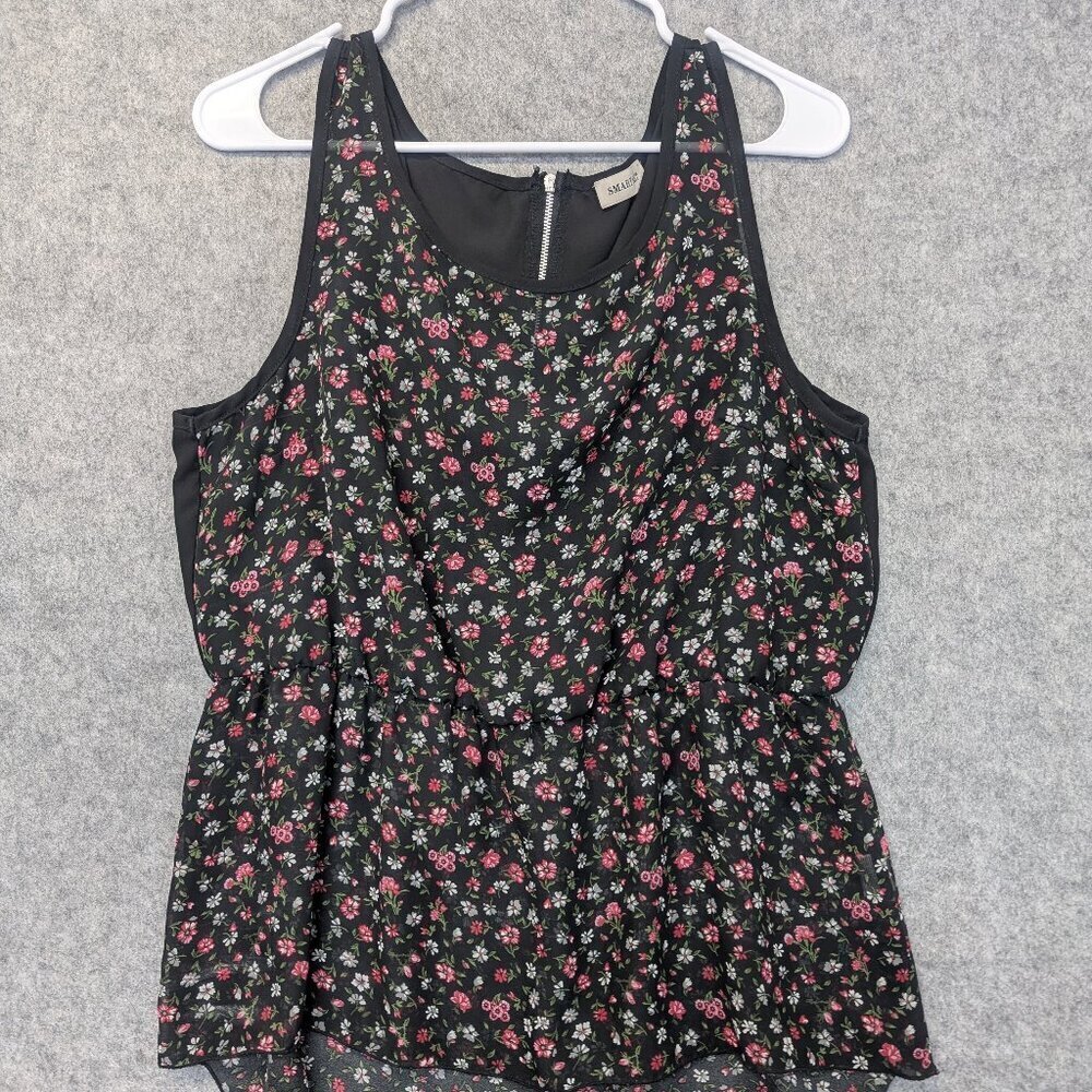 Black floral sleeveless top shirt blouse flowy draped lightweight boho - Large
